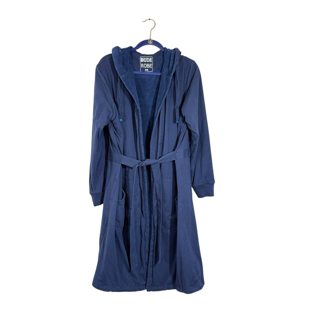 Dude Robe Navy Blue Hood Cotton Terry Lined Belted Men's S/M Small/Medium Read*